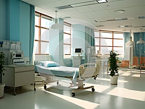 Empty modern hospital corridor, clinic hallway interior background with white chairs for patients waiting for doctor visit. Contem