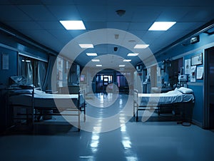 Empty modern hospital corridor, clinic hallway interior background with white chairs for patients waiting for doctor visit. Contem