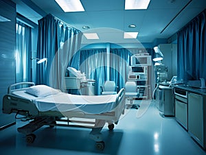 Empty modern hospital corridor, clinic hallway interior background with white chairs for patients waiting for doctor visit. Contem