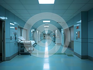 Empty modern hospital corridor, clinic hallway interior background with white chairs for patients waiting for doctor visit. Contem