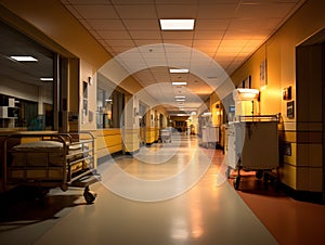 Empty modern hospital corridor, clinic hallway interior background with white chairs for patients waiting for doctor visit. Contem