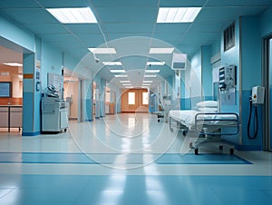 Empty modern hospital corridor, clinic hallway interior background with white chairs for patients waiting for doctor visit. Contem