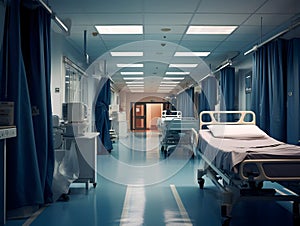 Empty modern hospital corridor, clinic hallway interior background with white chairs for patients waiting for doctor visit. Contem