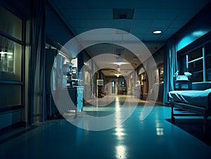 Empty modern hospital corridor, clinic hallway interior background with white chairs for patients waiting for doctor visit. Contem