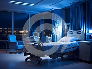 Empty modern hospital corridor, clinic hallway interior background with white chairs for patients waiting for doctor visit. Contem