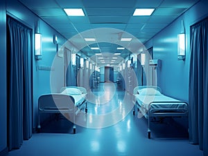 Empty modern hospital corridor, clinic hallway interior background with white chairs for patients waiting for doctor visit. Contem