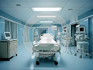 Empty modern hospital corridor, clinic hallway interior background with white chairs for patients waiting for doctor visit. Contem