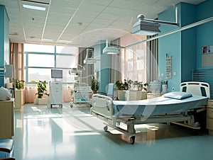 Empty modern hospital corridor, clinic hallway interior background with white chairs for patients waiting for doctor visit. Contem