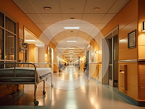 Empty modern hospital corridor, clinic hallway interior background with white chairs for patients waiting for doctor visit. Contem