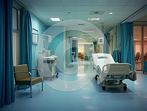 Empty modern hospital corridor, clinic hallway interior background with white chairs for patients waiting for doctor visit. Contem