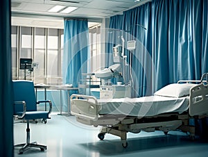 Empty modern hospital corridor, clinic hallway interior background with white chairs for patients waiting for doctor visit. Contem