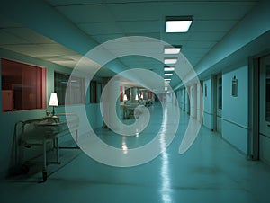 Empty modern hospital corridor, clinic hallway interior background with white chairs for patients waiting for doctor visit. Contem