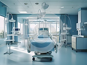 Empty modern hospital corridor, clinic hallway interior background with white chairs for patients waiting for doctor visit. Contem