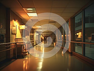 Empty modern hospital corridor, clinic hallway interior background with white chairs for patients waiting for doctor visit. Contem