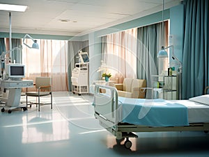 Empty modern hospital corridor, clinic hallway interior background with white chairs for patients waiting for doctor visit. Contem