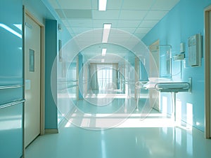 Empty modern hospital corridor, clinic hallway interior background with white chairs for patients waiting for doctor visit. Contem