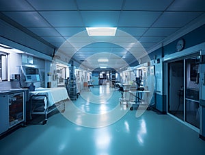 Empty modern hospital corridor, clinic hallway interior background with white chairs for patients waiting for doctor visit. Contem