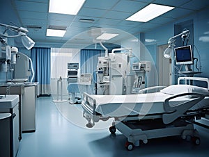 Empty modern hospital corridor, clinic hallway interior background with white chairs for patients waiting for doctor visit. Contem