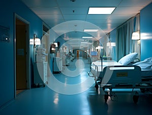 Empty modern hospital corridor, clinic hallway interior background with white chairs for patients waiting for doctor visit. Contem