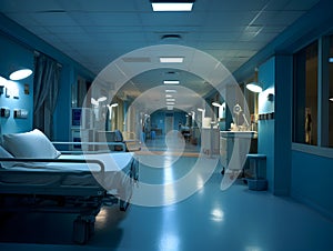 Empty modern hospital corridor, clinic hallway interior background with white chairs for patients waiting for doctor visit. Contem