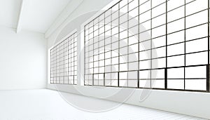 Empty modern industrial expo room huge panoramic windows,painted white wood floor,clean walls.3D rendering.Generic