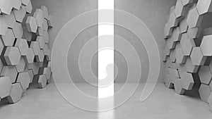Empty modern interior and hexagons pattern background with bright light from entrance.