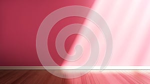 Empty Modern Interior mockup. Sunlight creates striped pattern on pink wall with wooden floor