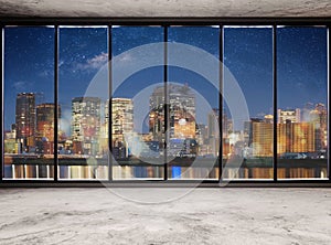 Empty modern interior space with city view at night and starry sky, Empty Business Office Interior