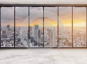 Empty modern interior space with skyscraper city view in sunset, Empty Business Office Interior