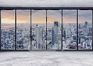 Empty modern interior space with skyscraper city view in sunset, Empty Business Office Interior