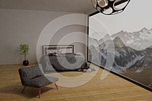 Empty modern interior with wooden floor and concrete wall, 3D rendering