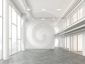 Empty modern loft office space 3d render with white color and polished concrete floor