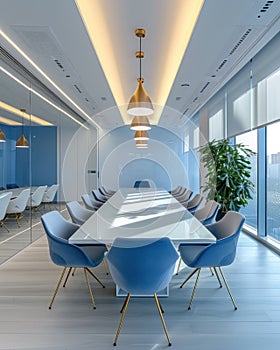 Empty modern meeting room with long white table, blue chairs and glass partitions in bright office photo