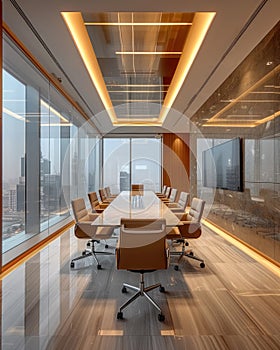 Empty modern meeting room with long wooden table, brown chairs and glass partitions in bright office photo