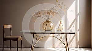 Empty modern, minimal beige dining table, glass vase of twigs,