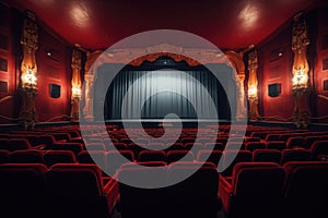 Empty modern movie theatre interior with screen and seats. Generative AI