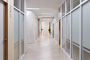 Empty modern office bright corridor with glass wall. Hall way. Ornamented.