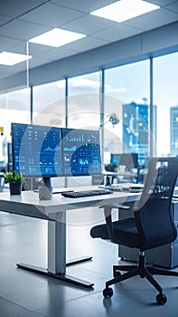 Empty modern office desk with dual monitors displaying business intelligence data and analytics graphs