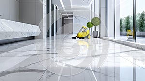 Empty modern office hall, shiny clean marble floor and yellow cleaning vacuum machine in building lobby. Concept of professional