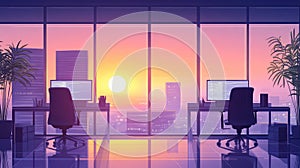 Empty modern office interior at sunset with city view