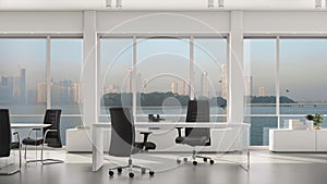 Empty modern office, island and metropolis with skyscrapers outside big window. Background Plate, Chroma Key Video