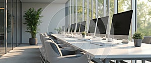 Empty modern office with rows of computers