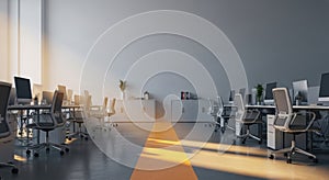 Empty Modern Open Plan Office Workspace with Desks, Computers, Chairs, and Sunlight Corporate Business Interior