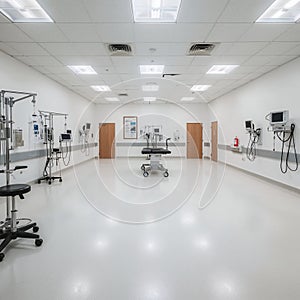 Empty modern operating room interior featuring surgical equipment and sterile environment