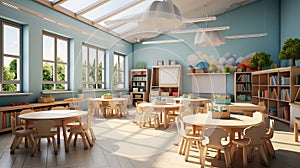 Empty Modern Preschool Classroom Interior. Generative AI