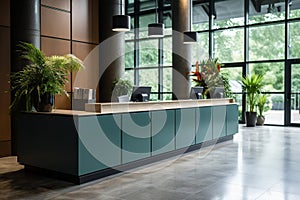 Empty modern reception desk in the lobby of a hotel, office. Registration of visitors. Book a room while on vacation or