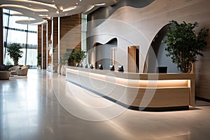 Empty modern reception desk in the lobby of a hotel, office. Registration of visitors. Book a room while on vacation or