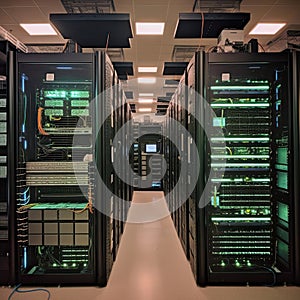 Empty modern server room with large servers, wires and buttons. Data storage, cloud storage, mining farm