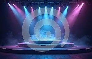 Empty modern stage with blue purple neon spotlight. Stage light background with spotlight illuminated. Modern dance production