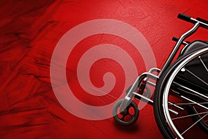 Empty modern wheelchair on red background.
